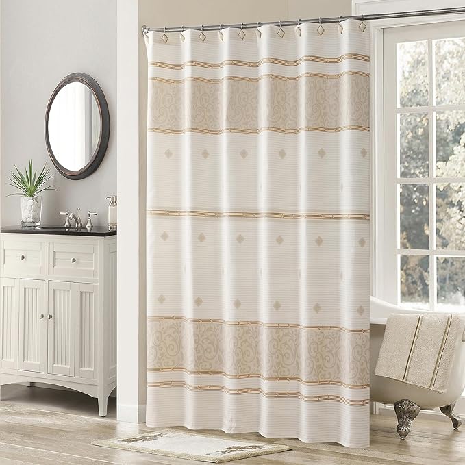 Seville Farmhouse Tan Polyester Stripes Printed Modern Shower Curtain,Decorative Yellow Waterproof Fabric Stall Bathroom Curtains,Small 54" W x 72" L
