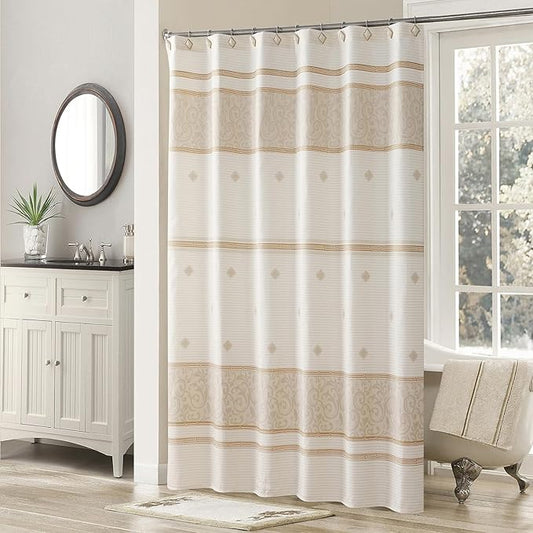 Seville Farmhouse Tan Polyester Stripes Printed Modern Shower Curtain,Decorative Yellow Waterproof Fabric Stall Bathroom Curtains,Small 54" W x 72" L