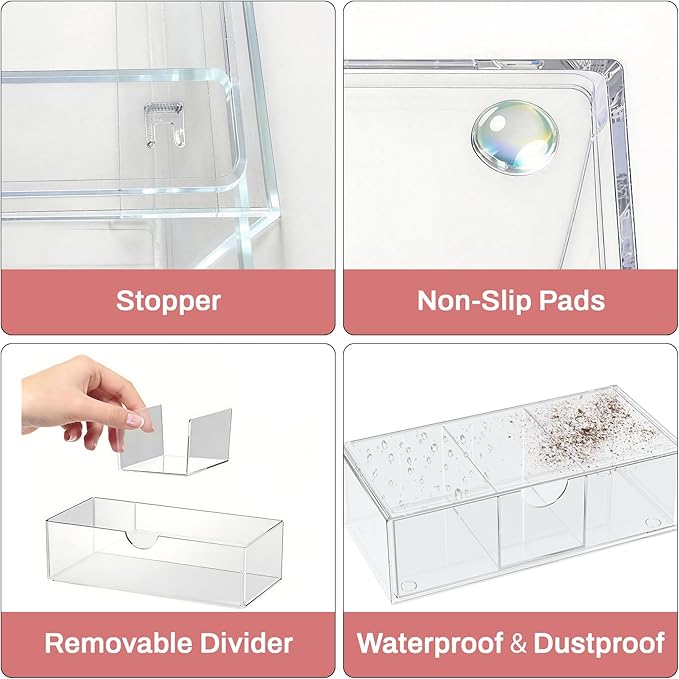 Hair Accessories Organizer for Girls, Clear Hair Bow Tie Clip Scrunchie Holder Organizer with Removable Divider, Cute Small Stackable Storage Drawer Container Caddy Box, Kids Women Vanity Accessories