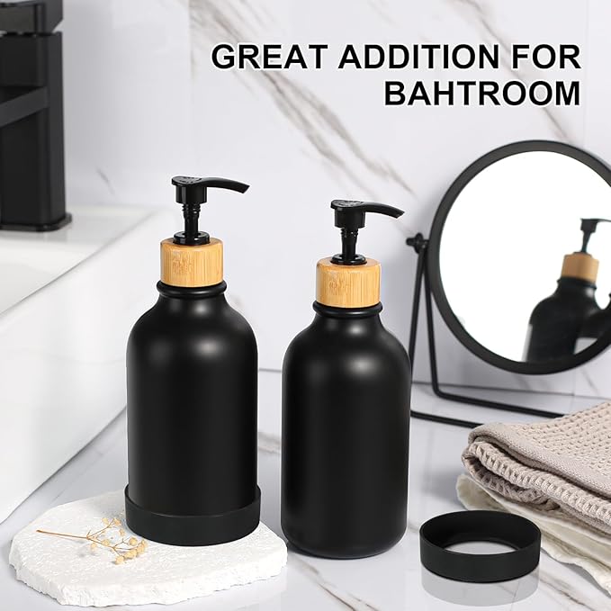 KASUNTING Hand Soap Dispenser Bathroom with Anti-Slip Silicone Boot, Black Dish Soap Dispenser for Kitchen, 2 Pack 17 Fl Oz Plastic Hand and Dish Soap Dispensers Set with Bamboo Pump