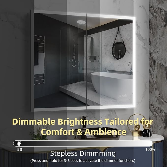 40" x 32" LED Medicine Cabinet with Mirror and Lights, Recessed or Surface Bathroom Mirror Cabinet with 3-Color Lights, Stepless Dimming, Lighted Medicine Cabinet with Defogger, 2 Outlets & USB Ports
