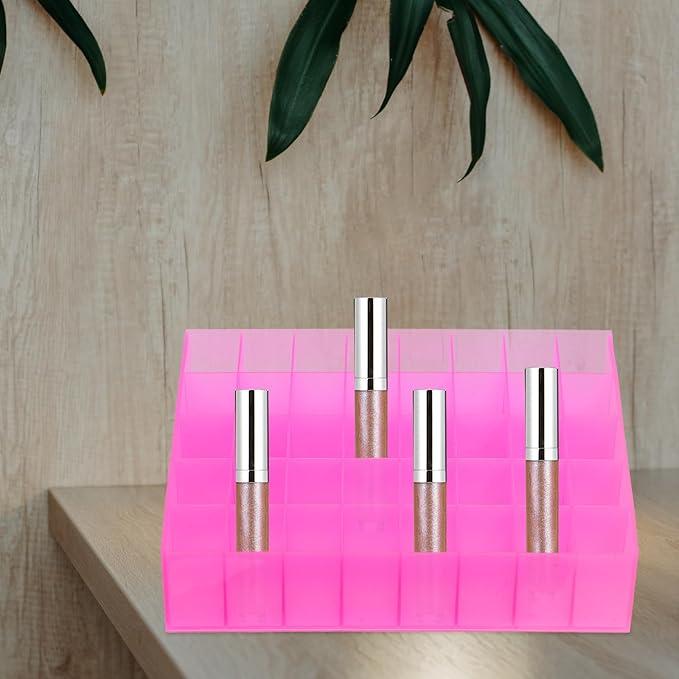 Ipetboom 40 Slots Makeup Holder Plastic Lipstick Holder 40 Slots Lipstick Box Lip Gloss Storage Organizer Tubes Display Case Makeup Desk Organizer for Home Shop Use Pink