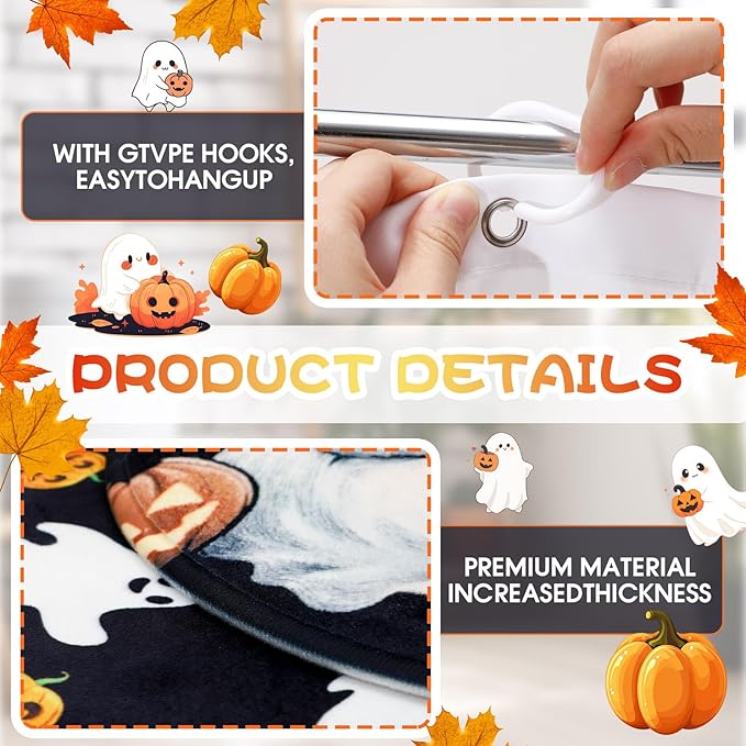 Remagr 4 Pcs Halloween Shower Curtain Set for Bathroom Ghost Pumpkin Halloween Bathroom Curtain Include Ghost Shower Curtains Non Slip Rug Toilet Lid Cover U Shaped Bath Mat and 12 Hooks for Home