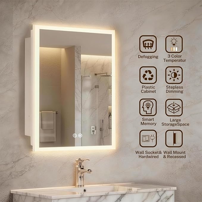 16x26 Inch Lighted Medicine Cabinet with Anti-Fog Mirror, 3 Glass Shelves, Dimmable LED, Recessed or Surface Mount Bathroom Smart Mirror Cabinet