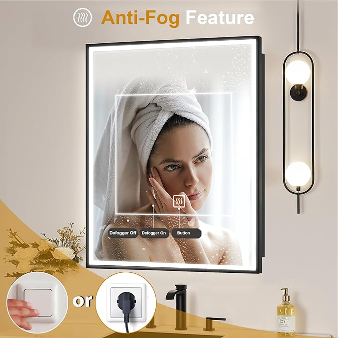 LED Lighted Medicine Cabinet with Mirror, Recessed or Wall Mounted Bathroom Mirror with Storage, Anti-Fog, 3-Color Dimming, Adjustable Shelves, Black Metal Frame - 16x24 inch
