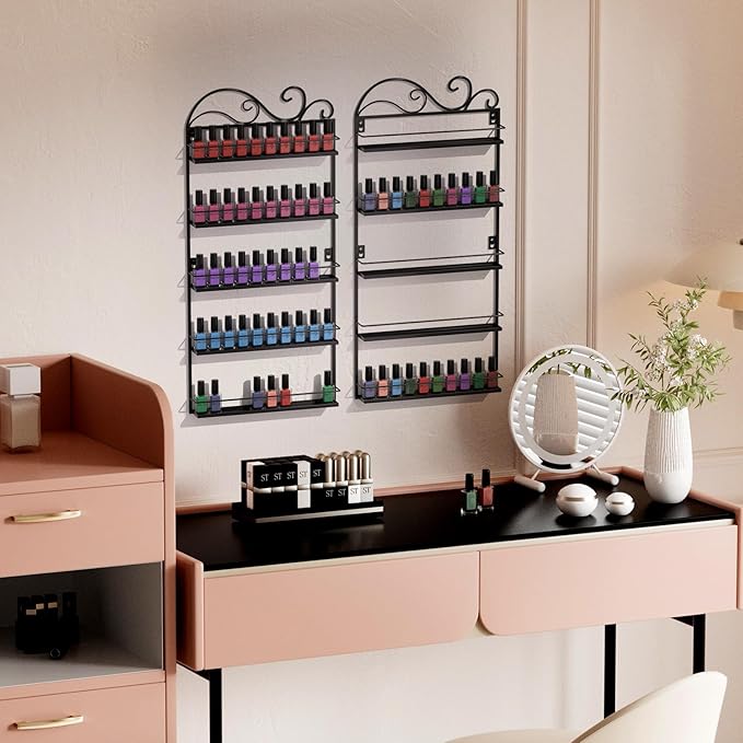 ERYTLLY Wall Mounted Nail Polish Rack, Rectangle Nail Storage Organizer, Salon Shelf Organizer (Black)
