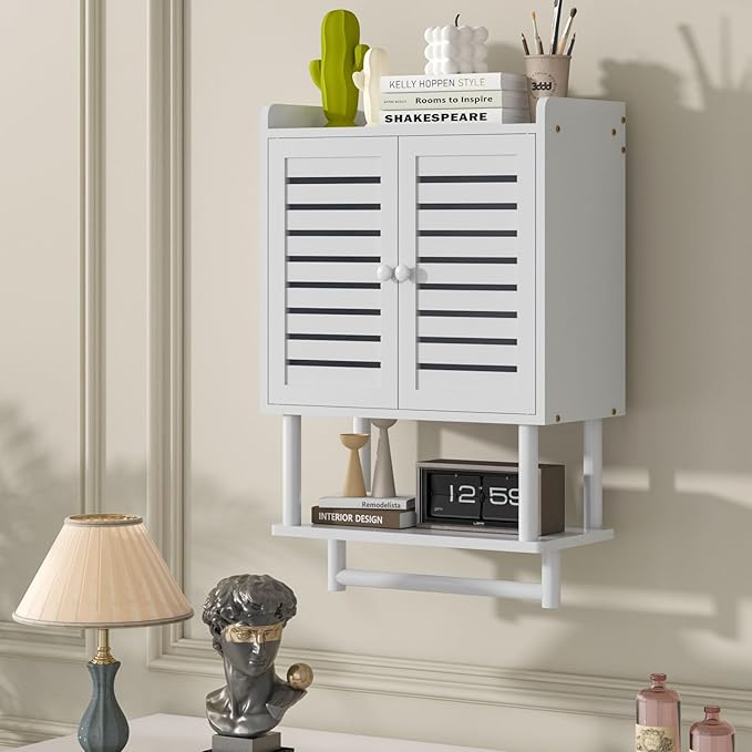 Bathroom Wall Cabinet, Over The Toilet Storage Cabinet with Adjustable Shelves, White Medicine Cabinets with Towel Bar, Bamboo Wall Mounted Hanging Cabinet with 2 Door for Laundry Room, White