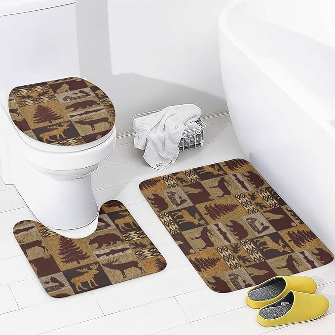 Retro Rustic Bear Country Style 4 Piece Shower Curtain Sets, Non-Slip Rugs, Toilet Lid Cover and Bath Mat, Durable and Waterproof, for Bathroom Decor Set One Size