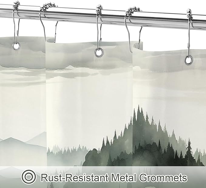 Dark Green Long Misty Pine Forest Shower Curtain 72 x 78, Mountain Foggy Woodland Scenery Tree 78 Inch Long Shower Curtains for Bathroom, Abstract Waterproof Nature-Themed Decor