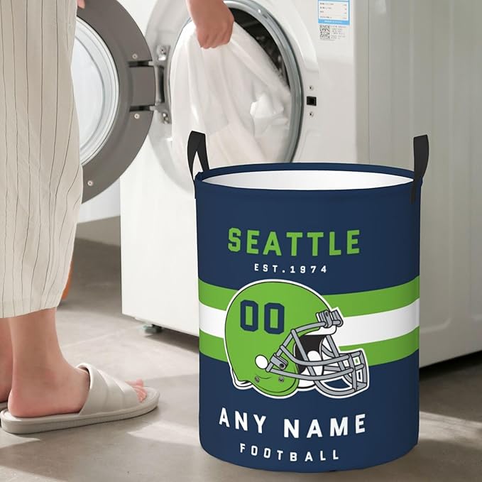 Custom Seattle Laundry Hamper - Personalized Football Style Laundry Basket - Customized Name and Number - Dirty Clothes Hamper Waterproof Large Capacity Hamper for Bedroom Bathroom Living Room