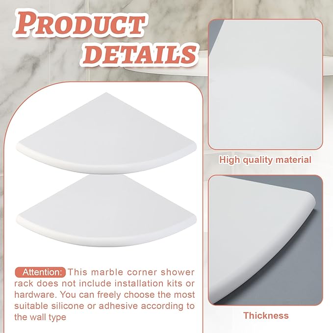 Chunful 2 Pcs White Marble Corner Shower Shelf for Bathroom 9 x 9 Inch Wall Mounted Both Sides Polished Marble Corner Shelves Shower Caddy for Bathroom Wall(Classic)