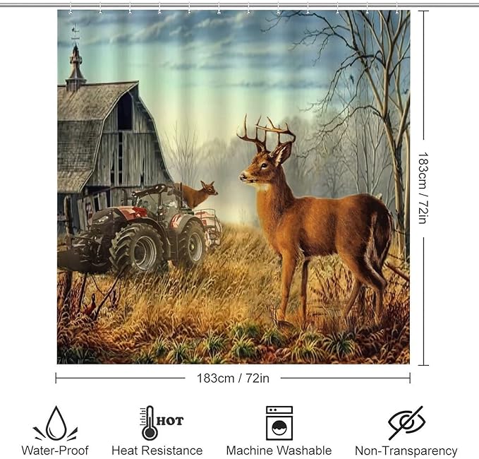 Vintage Deer Western Country Shower Curtain Sets with Rugs 4 Piece Accessories Bathroom Curtains Shower Set Include Shower Curtain Non-Slip Rug Toilet Lid Cover Bath Mat One Size