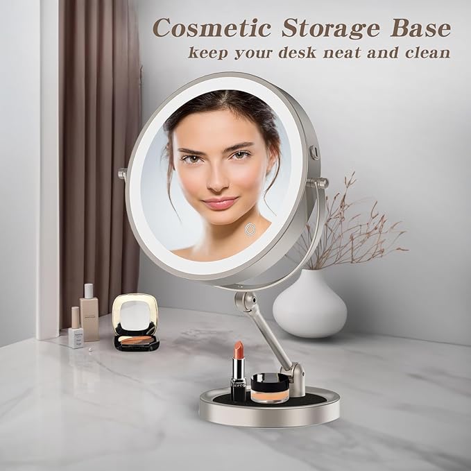 Rocollos Lighted Vanity Mirror: 9" Rechargeable Tabletop Makeup Mirror, 10X Magnification, 3 Color Dimmable, Height Adjustable Cordless Mirror, 4000mAh USB-C, 360° Swivel, Rustproof for Bathroom