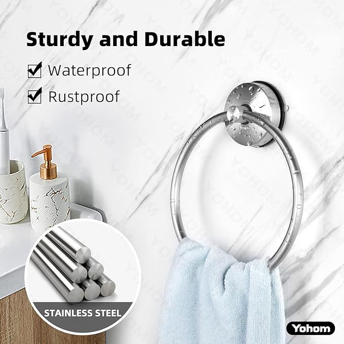 YOHOM Suction Cup Towel Ring Hand Towel Holder for Bathroom Vacuum Suction Washcloth Holder Dish Towel Hanger for Shower Wall No Drill Stainless Steel Brushed Finish, 2 PCS