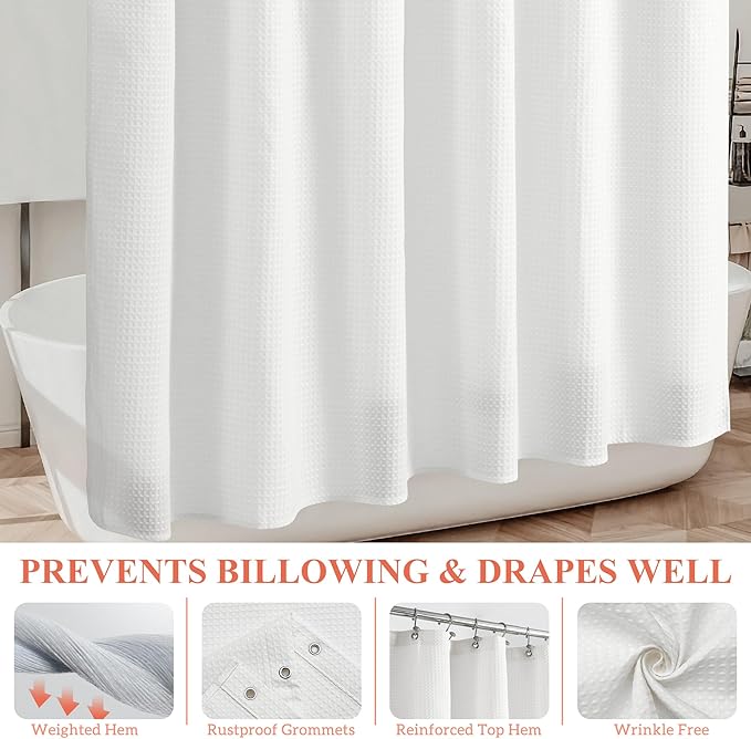 Barossa Design Waffle Weave White Shower Curtain Hotel Luxury Quality, Fabric Shower Curtains for Bathroom, Pique Pattern Cloth, Water Repellent and Machine Washable, Standard Size 71" x 72"