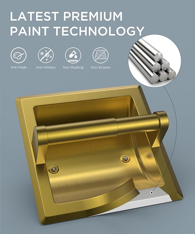 FORIOUS Recessed Toilet Paper Holder, Stainless Steel Durable Tissue Roll Holder Wall Mount for Bathroom Space Saving Design with Mounting Bracket, in Wall Toilet Paper Dispenser Insert, Gold