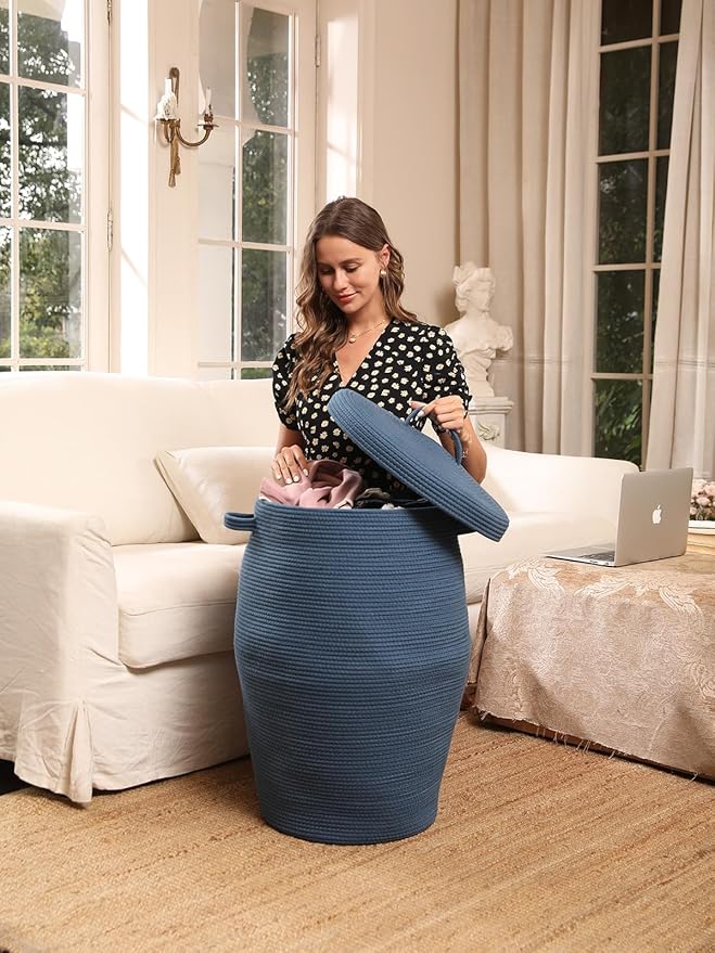 26"x20" Handcrafted Tall Cotton Rope Basket with Lid, Stylish Flagon Shape with Cover, Clothes Hamper with Top, for Bedroom and Living Room, All Dark Blue
