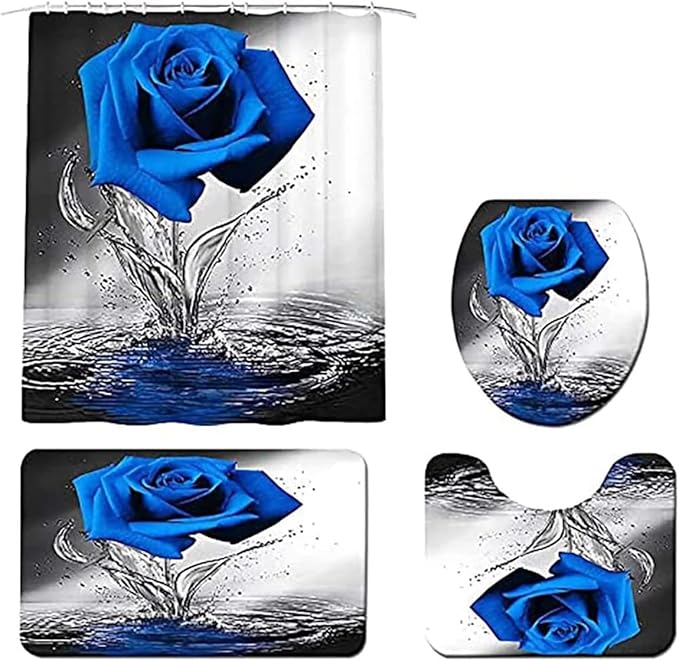 Blue Rose Bathroom Set with Shower Curtain and Non-Slip Rugs, Bath Mat, Toilet Lid Cover and 12 Strong Hooks - Modern Style for Bathroom