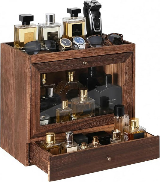 Cologne Organizer for Men,Nightstand Organizer,Cologne Shelf, Solid Wood Cologne Stand with Drawer Storage and Clear Window,Dresser Drawer Organizers,Perfume Stand Organizer,Brown