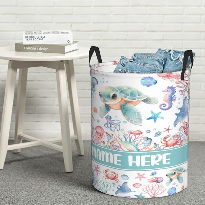 Custom Turtle Laundry Baskets, Personalized Turtle Gifts with Customized Name, Collapsible Laundry Hamper for Kids Adults Home Decoration,16.5 X 13.8in