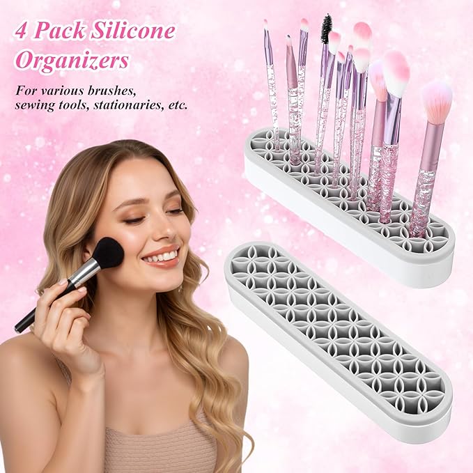 4 Pcs Silicone Makeup Brush Holder Stand, Multi-Purpose Cosmetic Organizer, Desktop Storage Box for Brush, Eyeliner Pencil, Art Supplies, Painting Pen, Sewing Tools, Grey