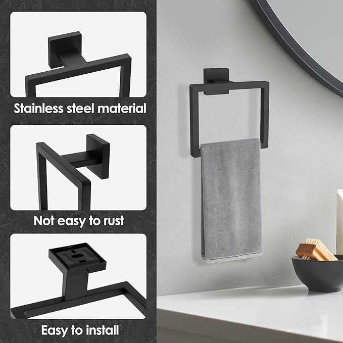 Square Towel Ring for Bathroom, Matte Black Hand Towel Holder Wall Mount, Modern Towel Ring for Guest Bath, Black Bathroom Hardware, Towel Rings for Wall, Rust-Proof Finish 2Pcs