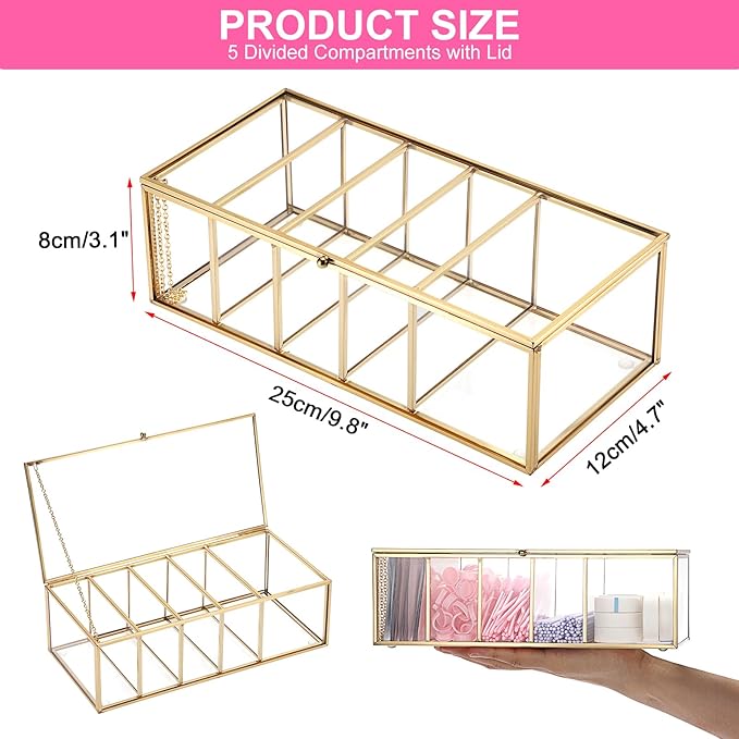 ELLDOO Lash Extension Organizer Box with Lid, Gold Glass Eyelash Supplies Organizer Storage Box, 5 Compartments Bathroom Supplies Storage Container for Cotton Swabs, Balls, Pads, Floss Picks