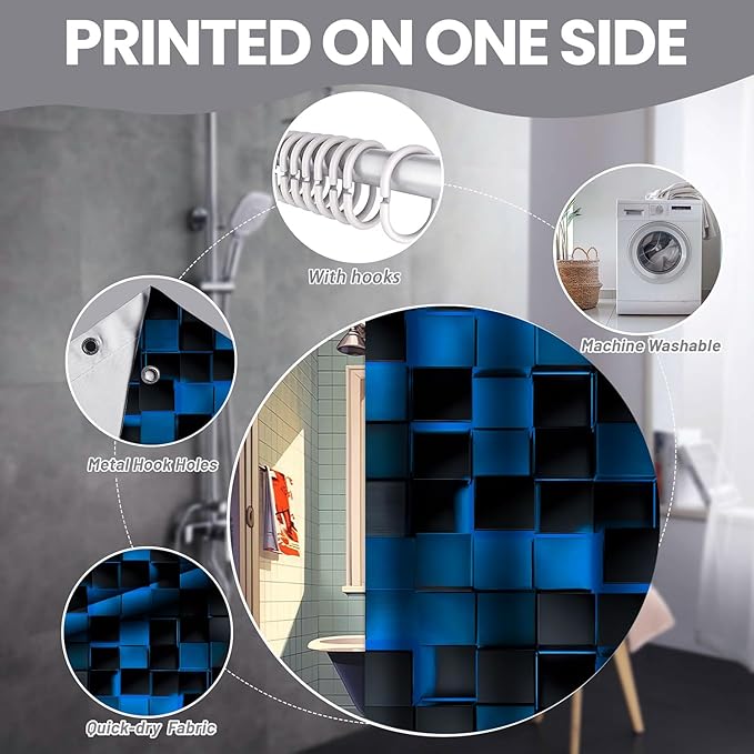 3D Cubes Shower Curtain，Blue Black Shower Curtains for Bathroom，Modern Bathroom Shower Curtain，Washable Fabric Bath Curtain 72''x72''