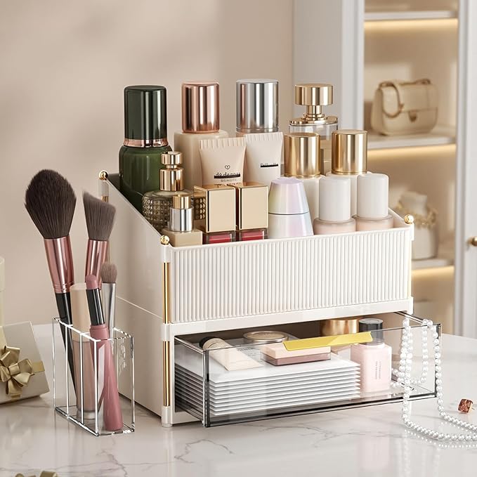 INVSSENE Stackable Makeup Organizer Countertop, Storage Perfume Skincare Cosmetic Lipstick Face Mask Makeup Brush Palettes, Ideal for Vanity Bathroom Counter