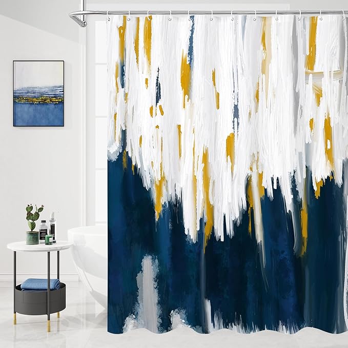 MitoVilla Navy Blue Long Shower Curtain Set 72 x 78, Graffiti Ombre Fabric Shower Curtains 78 inch Long for Modern Abstract Bathroom Decor, Brush Strokes Oil Painting Design
