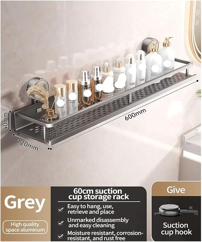 No Drill Suction Cup Suction Bathroom Rack Bathroom Shelf Toilet Space Aluminum Hanging Rack Bathroom Organizer Hang On The Wall(Grey layer 60cm)