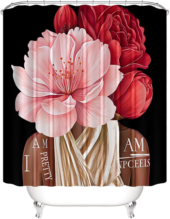 4 Pcs Black Girl Shower Curtain Sets African American Woman Red Rose Floral Quotes Non-Slip Rugs Bath Mat Toilet Cover U Shaped Mat Shower Curtain with 12 Hooks Bathroom Set