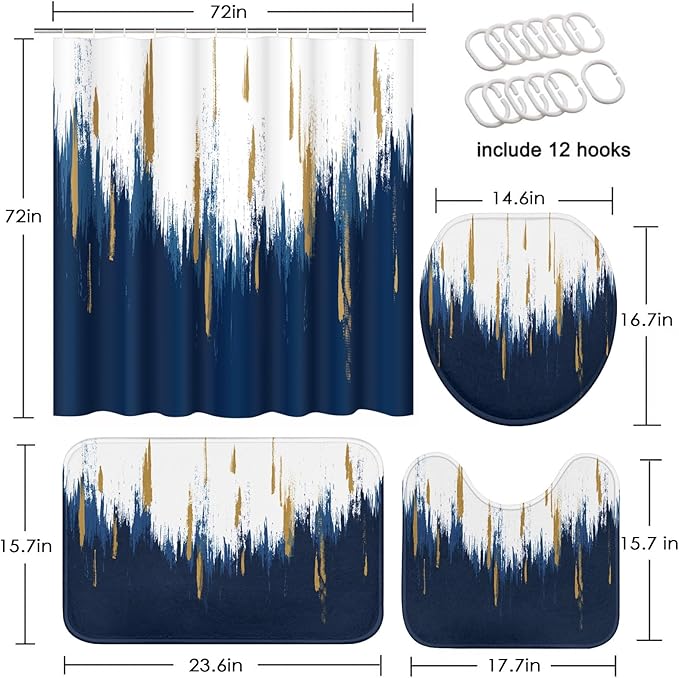 Blue Gold White Shower Curtain Set with Toilet Lid Cover and Non-Slip Rugs for Bathroom, Modern Oil Painting Abstract 4 Pcs Shower Curtain, Bathroom Set with 12 Hooks