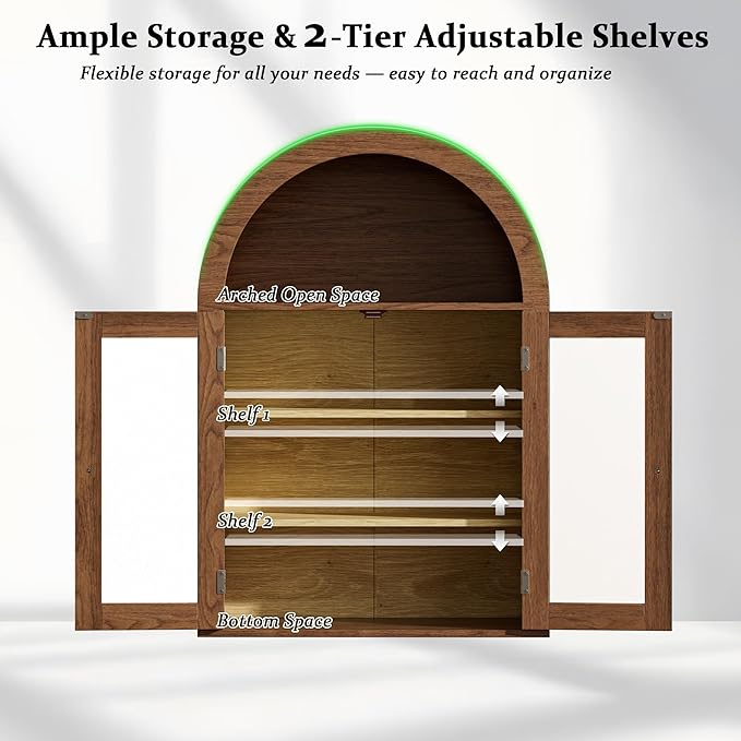 BREEZEHEAT Arched Medicine Cabinet with Glass Doors, Adjustable Shelf, Wall Mounted Bathroom Storage Cabinet Over Toilet, Walnut Wood Grain, 23.6''W × 31.5''H