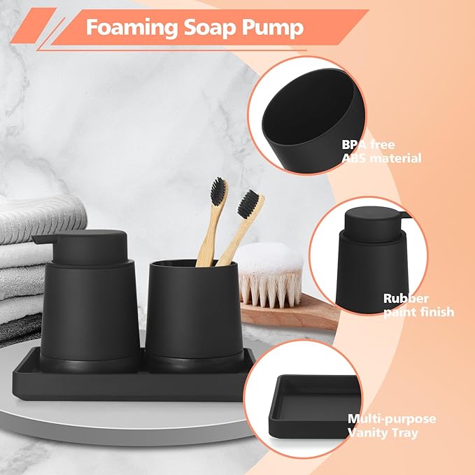 GAHEFY Black Bathroom Countertop Accessories Set - Foaming Soap Dispenser and Toothbrush Holder with Silicone Boot,Vanity Tray (Black Foam)