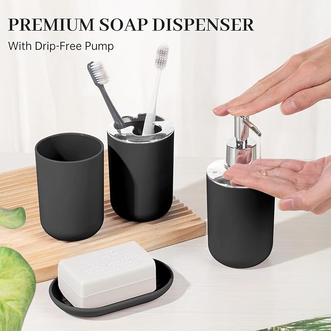 Bathroom Accessory Set, 4 Pcs Plastic Bathroom Set Include Soap Dispenser, Soap Dish, Toothbrush Holder, Mousewash Cup, Modern Bahtroom D??cor Set, Space Save for Bathroom(Black)