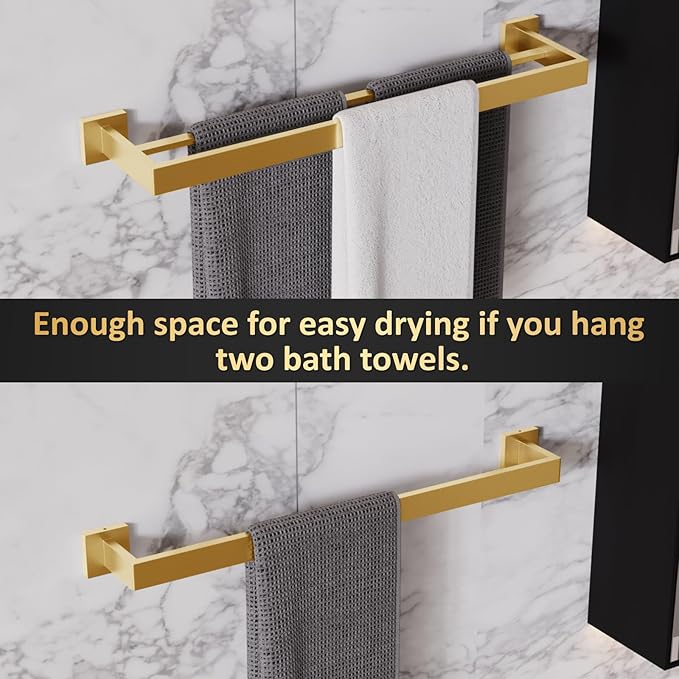 10-Pieces Bathroom Hardware Set,23.6inch Wall Mounted Double Towel Bar Set，Towel Rack&Toilet Paper Holder&Towel Ring and Towel Hook;Bathroom Accessories Set(Gold)