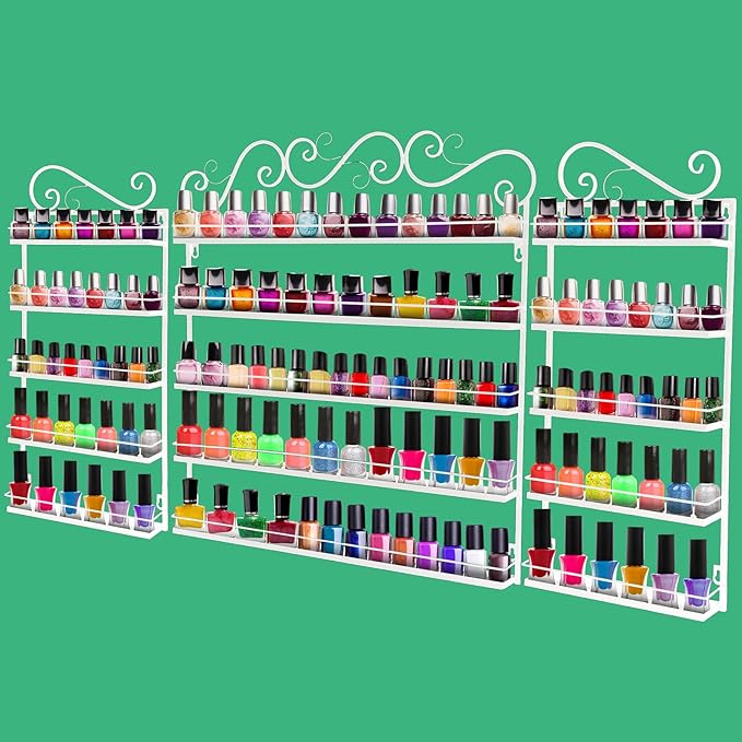 Sintuff 3 in 1 Nail Polish Rack Wall Mount Nail Polish Organizer 5 Tiers Shelf Storage Display Holder Stand Holds 200 Bottles for Home Salon Business Spa(White)
