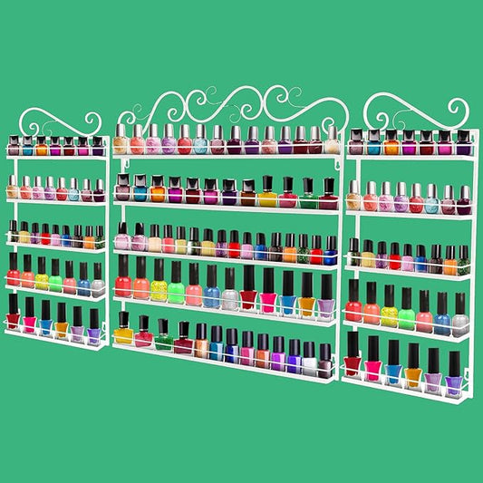 Sintuff 3 in 1 Nail Polish Rack Wall Mount Nail Polish Organizer 5 Tiers Shelf Storage Display Holder Stand Holds 200 Bottles for Home Salon Business Spa(White)