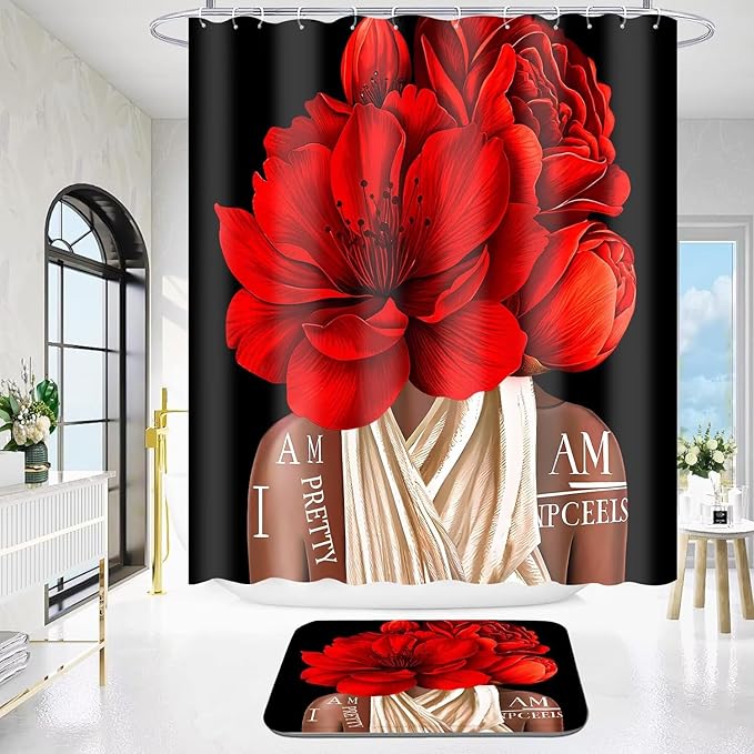 Yddsky 4 Pcs Valentines Red Girl Shower Curtain Sets African American Woman Rose Floral Quotes Non-Slip Rugs Bath Mat Toilet Cover U Shaped Mat Shower Curtain with 12 Hooks Bathroom Set