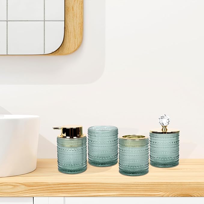 FEILANDUO Bathroom Accessories Set,4Pcs Glass Bathroom Accessories,Vanity Bathroom Decor, Soap Dispenser, Toothbrush Holder Set, Apothecary Jar, Gift for Home Apartment (Green)