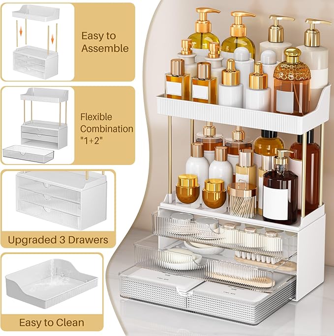 12.2" W Makeup Organizer Drawers - 5 Tiers Bathroom Counter Organizer, Cosmetic Storage Drawer for Dresser Countertop and Bathroom Vanity for Large Skincare, Perfume, Clear