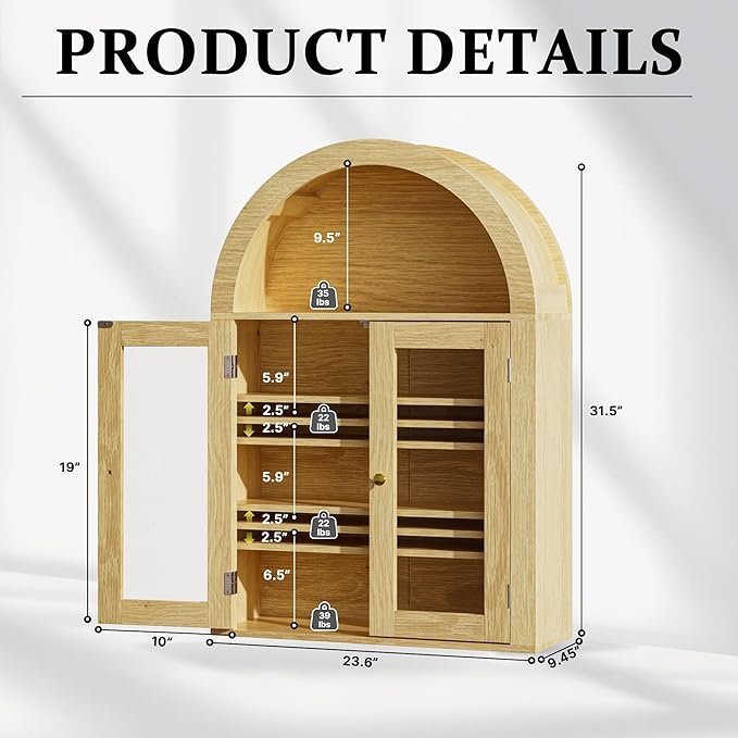BREEZEHEAT Arched Medicine Cabinet with Glass Doors, Adjustable Shelf, Wall Mounted Bathroom Storage Cabinet Over Toilet, Natural Oak Wood Grain, 23.6''W × 31.5''H