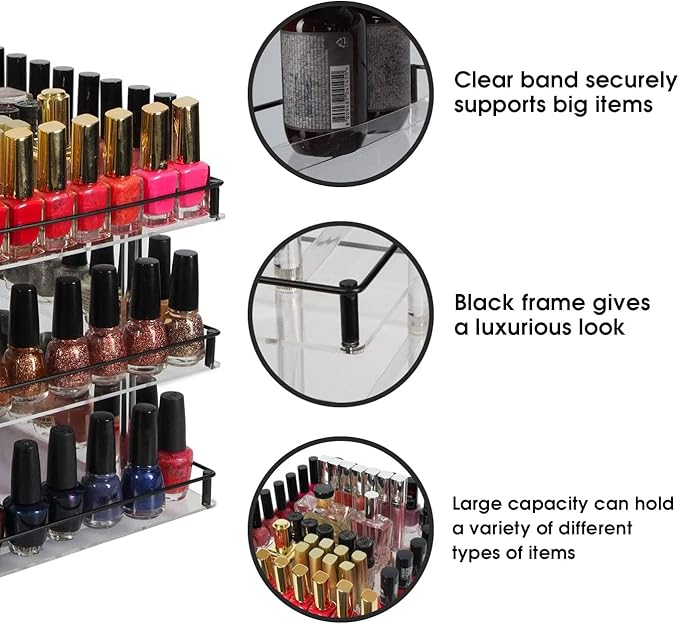 J JACKCUBE DESIGN Nail Polish Organizer, 3 Tier Acrylic 360 Rotating Display Rack Stand Makeup Cosmetics Storage Box Carousel Shelf with Black Iron Guard, Hold Up to 180 – MK302-3
