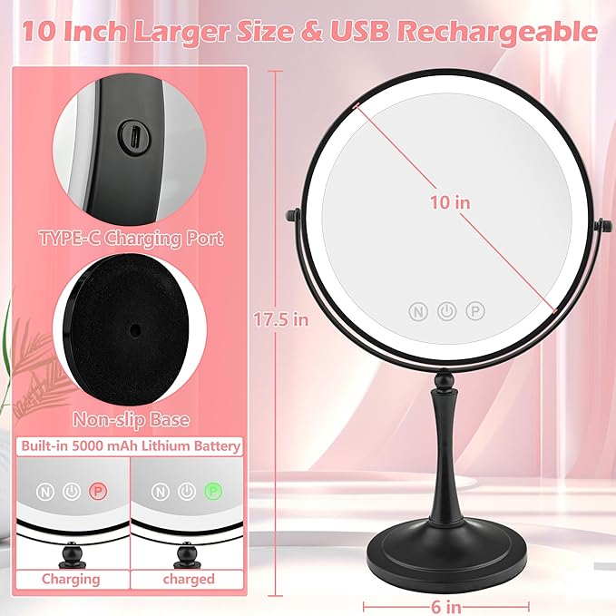 10" Large Lighted Makeup Mirror - Double Sided Vanity Mirror with 1X/10X Magnification & 3 Color LED Dimmable Lights