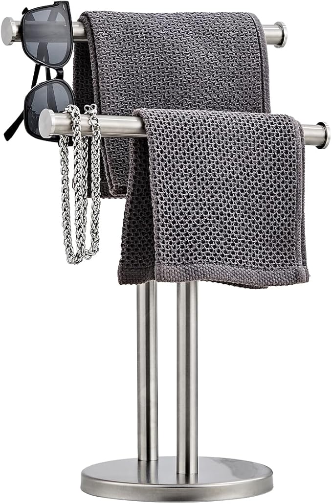 Hand Tower Holder Stand,Floor Standing T-Shaped Double-Layer Towel SUS304 Stainless Steel Bathroom Vanity Countertop,Brushed YIGUANXIN