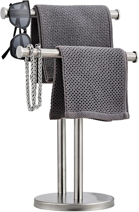 Hand Tower Holder Stand,Floor Standing T-Shaped Double-Layer Towel SUS304 Stainless Steel Bathroom Vanity Countertop,Brushed YIGUANXIN