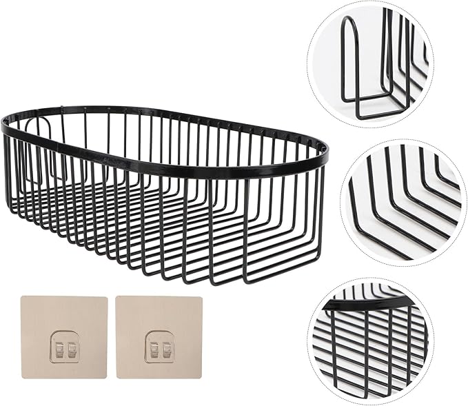 Punch-Free Iron Oval Bathroom Storage Rack, Wall-Mounted Hanging Basket with Drainage, Black Multifunctional Household Shelf for Bathroom and Kitchen Organization
