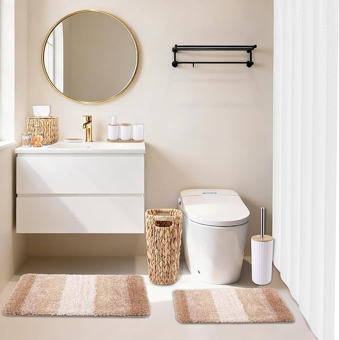 Bathroom Accessories Set, 25PCS Wicker Bathroom Accessory Set with Shower Curtain, Bath Mat, Soap Dispenser, Handwoven Trash Can & Ratten Tissue Box (White, Bath Set+Shower Curtain+Rugs)