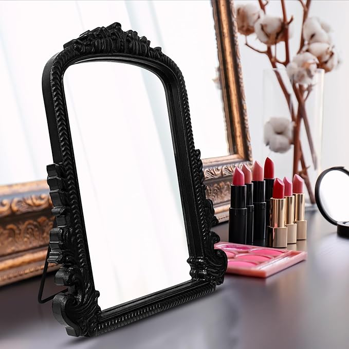Vintage Vanity Makeup Mirror, Black Arched Tabletop Mirror for Makeup and Room Decor, Antique Decorative Standing Mirror with Carved Frame, Desk Mirror for Bedroom, Living Room, Dresser 11.8"x9.6"